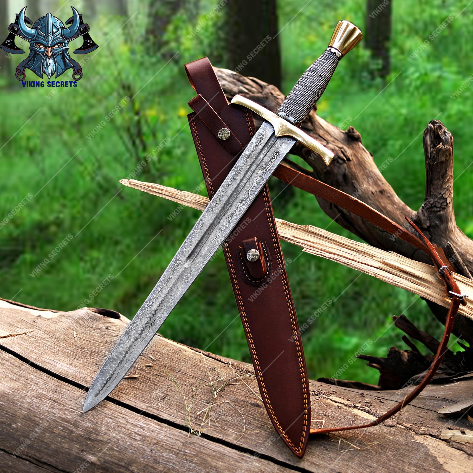 Viking Master Cosplay Long Sword, Hand Froged Damascus Steel Viking Sword For Wedding Gift, Handmade Fantasy Sword With Leather Sheath