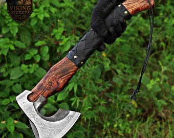 Personalized Viking Axe, Hand made Carbon Steel Camping Hatchet With Leather Sheath