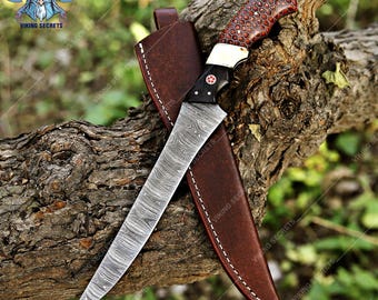 Handmade Damascus Steel Fish Fillet Knife: Bone Handle, Viking Style
