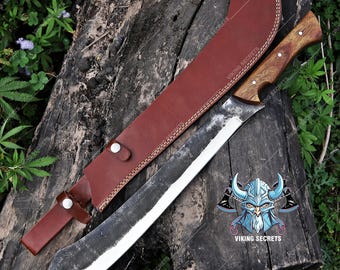 Machete de acero al carbono forjado a mano: mango de palisandro, funda de cuero, regalo de cumpleaños.