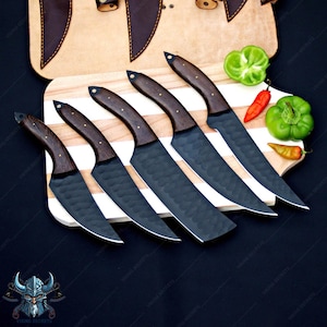 Handmade High Carbon Steel Chef Knife Set: Rosewood Resin Handle, Leather Roll