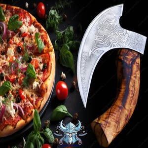 Viking Pizza Cutter Axe, Ash Wood handle, The Original custom hand forged pizza Axe, Best gifts for her, Best Anniversary Gifts for Him,