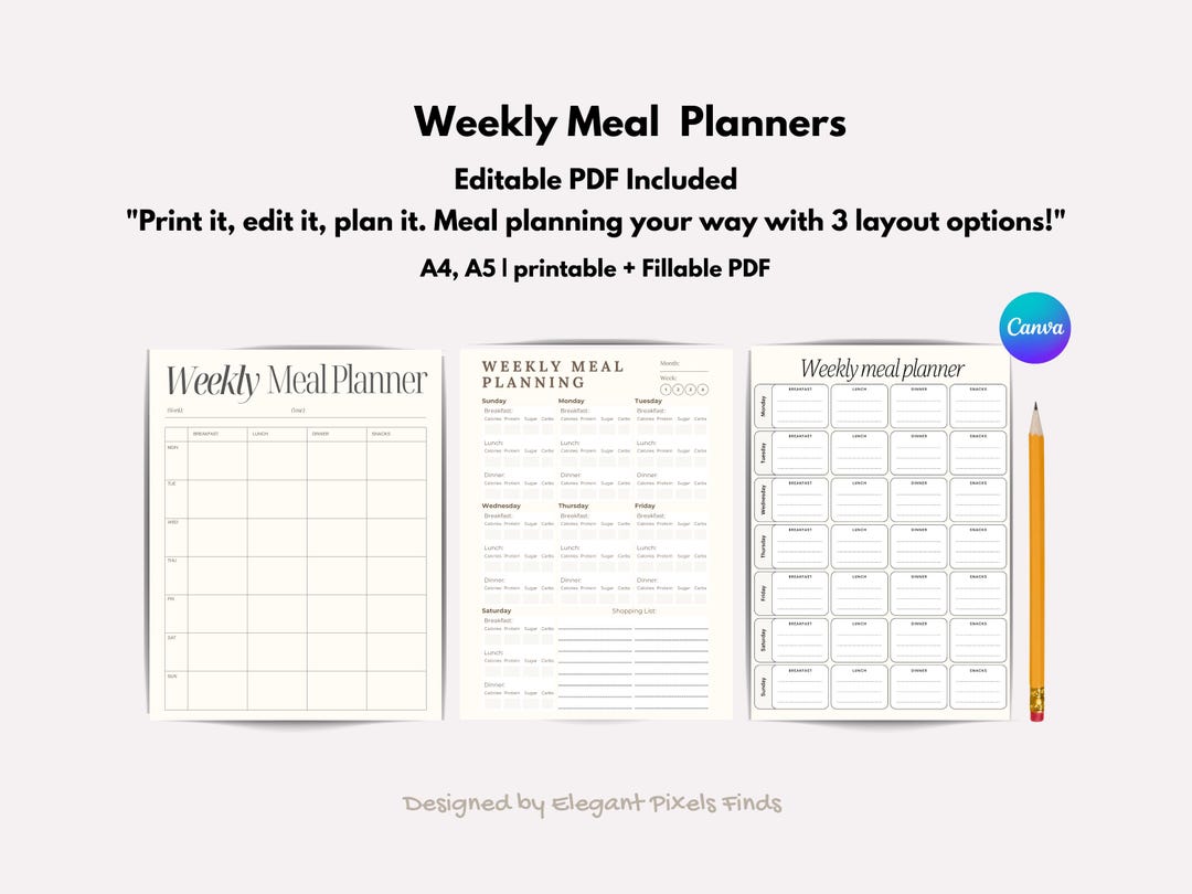 Weekly Meal Planner Set 3-in-1 | Digital + Canva Editable | Printable ...