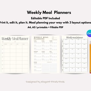 Planificador de comidas semanal 3 en 1: digital + Canva, editable e imprimible. Rastreador de comidas. Planificador de menú de 7 días. Planificador de preparación de comidas. Planificador de alimentos.