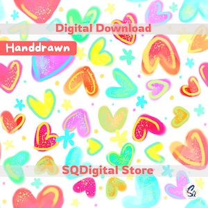 Hand Drawn Neon Heart Seamless Pattern PNG | Colorful Y2K Doodle Hearts Digital Paper | Cute Valentine Repeat Pattern for Fabric