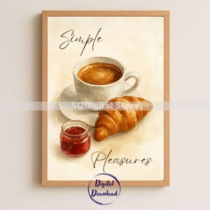 Kaffee und Croissant Wandkunst, druckbare Kaffee und Croissant Wandkunst, digitale handgemalte Stil Frühstück Essen Poster, größenverstellbare Kunstwerk, alle Verhältnisse, Küchendeko