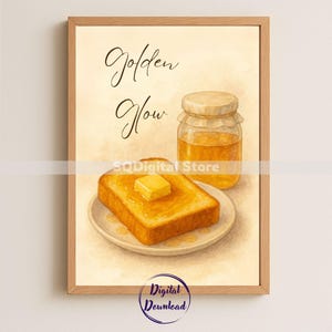 Druckbare Toast und Honig Glas Wandkunst, digitale handgemalte Stil Frühstück Essen Poster, größenverstellbare Kunstwerk, alle Verhältnisse, Küchendekoration