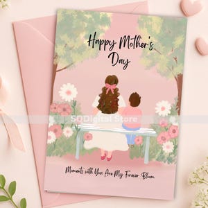Carte de fête des mères imprimable, illustration numérique rose pastel 5 × 7, cadeau carte postale pliée et plate pour les mamans - Téléchargement instantané JPEG PDF
