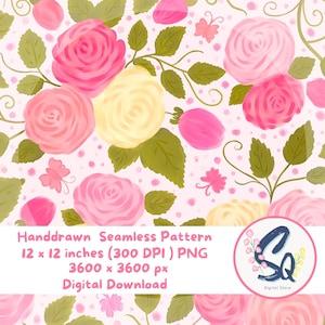 May include: A seamless digital pattern featuring hand-drawn pink and yellow roses, green leaves, and small pink butterflies on a light pink polka dot background. Text reads: Handdrawn Seamless Pattern 12 x 12 inches (300 DPI) PNG 3600 x 3600 px Digital Download.