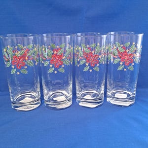 Lot 4 LIBBEY Christmas HOLLY BERRY Glass Tumblers Cooler Water Drink Bow Ribbon