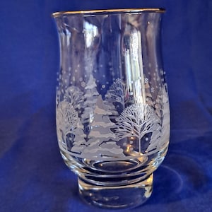 ARBY&#39;S Vintage CHRISTMAS Frosted Winter Wonderland 5 1/4&quot; JUICE Glass Libbey Gold Rim Water Tumbler Lynn&#39;s China Pines Goblet