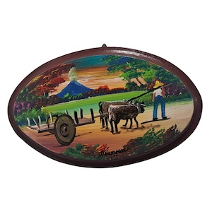 Hand-Painted Nicaraguan Wood Art – Oxen Cart and Volcano Scene – 9x6 Oval Rustic Folk Wall Decor