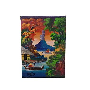 Hand-Painted Mini Canvas Art – Volcano & Fishermen | 7x5” Colorful Landscape | Nicaraguan Folk Art