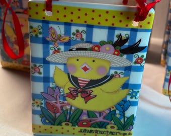 Mary Engelbreit Spring Chick with Tulips Ceramic Shopping Bag- Vintage!