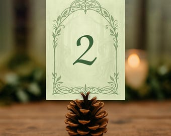 Plantilla de números de mesa para bodas élficas: editable e imprimible en Canva (digital) - Bosque fantástico, cuento de hadas medieval celta
