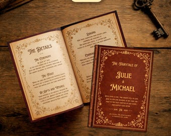 Plantilla de invitación de boda plegable con diseño de libro de cuentos antiguos: Canva, editable e imprimible (digital) - Fantasía medieval vintage