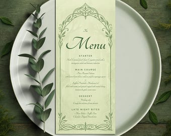 Plantilla de menú de boda élfica: editable e imprimible en Canva (digital) - Bosque de fantasía élfica, cuento de hadas medieval celta