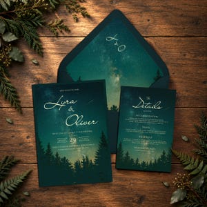May include: A wedding invitation suite featuring a dark green starry night sky background with silhouettes of pine trees. The text includes names Lyra and Oliver, date August 29, and details regarding accommodation, travel, and a wedding website.