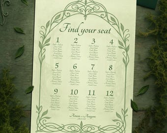 Plantilla de plano de asientos para boda élfica: Canva editable e imprimible (digital) - Bosque de fantasía élfica, cuento de hadas celta