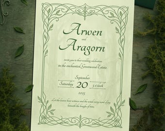 Plantilla de invitación de boda élfica: editable e imprimible en Canva (digital) - Bosque de fantasía élfica, cuento de hadas medieval celta