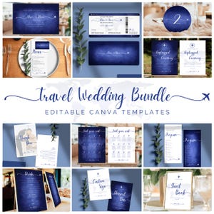 Plantillas de invitación de boda de viaje: set de papelería de Canva editable e imprimible para bodas de destino, avión y mapa, descarga instantánea.