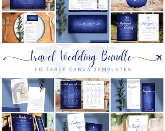 Plantillas para invitaciones de boda de viaje: Avión y mapa del mundo (Canva editables e imprimibles, descarga digital)