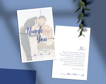 Plantilla de tarjeta de agradecimiento para boda en avión (con foto) - Destino y viajes (Canva editable, descarga digital)