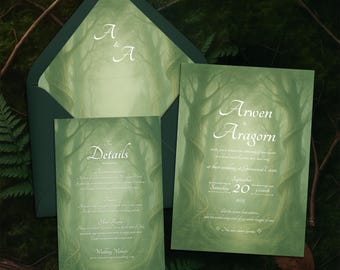 Conjunto de invitaciones de boda élficas: Bosque de fantasía de cuento de hadas verde - Plantillas de Canva (descarga digital)