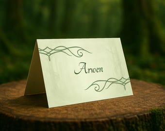 Tarjetas de mesa para bodas élficas: Bosque de cuento de hadas fantástico - 2 diseños (Paquete de plantillas digitales Canva)