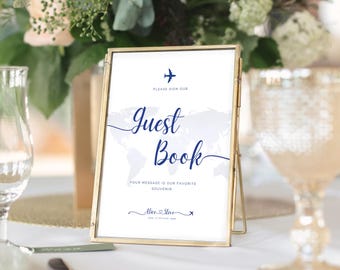 Plantilla para libro de visitas de boda de viaje: mapa del mundo, tema de avión (Canva editable e imprimible, digital)