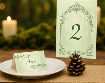 Boda élfica - Tarjetas de mesa con nombres + Números de mesa: Paquete de plantillas digitales (Bosque de cuento de hadas de fantasía celta)