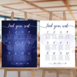 Bestimmungsort Hochzeit Sitzplan Vorlage - Bearbeitbarer & druckbarer Canva Travel Table Sitzplan - Weltkarte Flugzeug - Sofortiger Download DIY