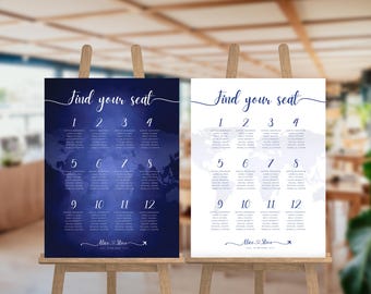 Plantilla para plano de asientos de boda de destino: Mapa del mundo, tema de avión (Canva editable e imprimible, descarga digital)