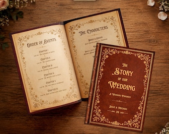 Foldable Old Fairytale Book Wedding Program Template: Canva Editable & Printable (Digital) - Medieval Fantasy Itinerary
