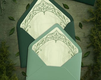 Plantilla de forro de sobre élfico: editable e imprimible en Canva (digital) - Bosque de fantasía élfica, cuento de hadas medieval celta