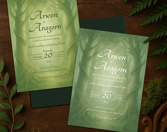 Plantilla de invitación de boda élfica: Diseño de bosque de hadas de fantasía verde (Editable en Canva, descarga digital)