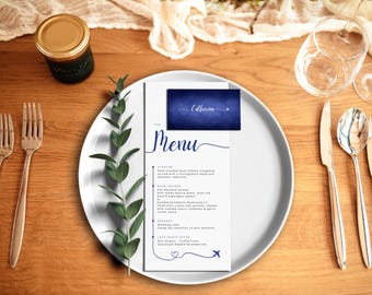 Menú de boda de destino + juego de tarjetas de ubicación: paquete de plantillas editables e imprimibles (digitales) - Tema de viaje en avión