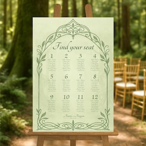 May include: A light green wedding seating chart displayed on a wooden easel. The chart features the text "Find your seat" at the top, with numbered sections and names below. Decorative floral elements frame the text and numbers.
