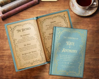 Plantilla de invitación de boda plegable con forma de libro de cuentos victorianos: editable e imprimible en Canva (digital) - Estilo vintage pastel Regency