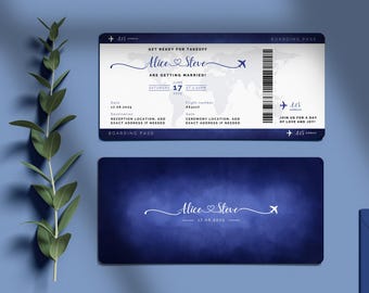 Plantilla de invitación de boda con tarjeta de embarque: Boleto de avión (Canva, editable e imprimible, digital) - Boda de destino