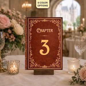 Può includere: Un segnatavolo rettangolare progettato come una copertina di un libro vintage con texture in pelle marrone scuro, bordi in filigrana dorata e il testo "CHAPTER 3" in grandi lettere dorate, posizionato su una base in legno.