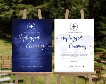 Plantilla para cartel de ceremonia de boda desconectada: Diseño de mapamundi de avión (Canva editable e imprimible, digital)