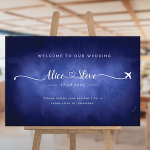 Reise Hochzeit Willkommen Zeichen Vorlage - Bearbeitbares & druckbares Canva Ziel Hochzeitsposter - Weltkarte mit Flugzeug - Sofort Download DIY