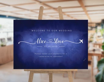 Plantilla de cartel de bienvenida para bodas de viaje: Diseño de avión con mapa del mundo de destino (Canva editable e imprimible, digital)