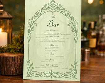 Plantilla de menú de bar de boda élfica: Letrero de bebidas editable e imprimible (digital) en Canva - Bosque de fantasía de cuento de hadas