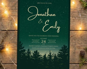 Plantilla de invitación de boda "Noche estrellada": editable e imprimible en Canva (digital) - Bosque encantado esmeralda, fantasía élfica