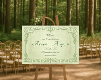 Plantilla de cartel de bienvenida para boda élfica - Diseño de bosque fantástico de cuento de hadas (Lienzo editable, descarga digital)