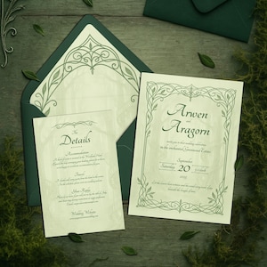 Elvish Wedding Invitation Suite Digital Template – Editable Elven Woodland Fairytale Fantasy Forest Invitation Details Card Envelope Liner