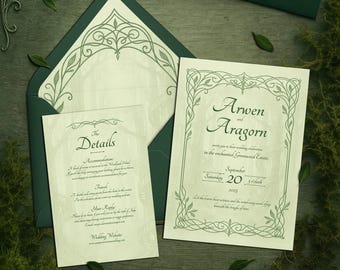 Invitaciones de boda élficas: Diseño de bosque de cuento de hadas de fantasía celta (Paquete de plantillas digitales Canva)