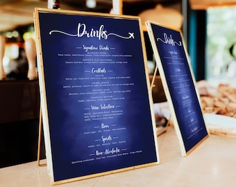 Plantilla de menú de bebidas para bodas de destino: tema de viaje en avión (Canva editable e imprimible, digital) - Letrero de bar